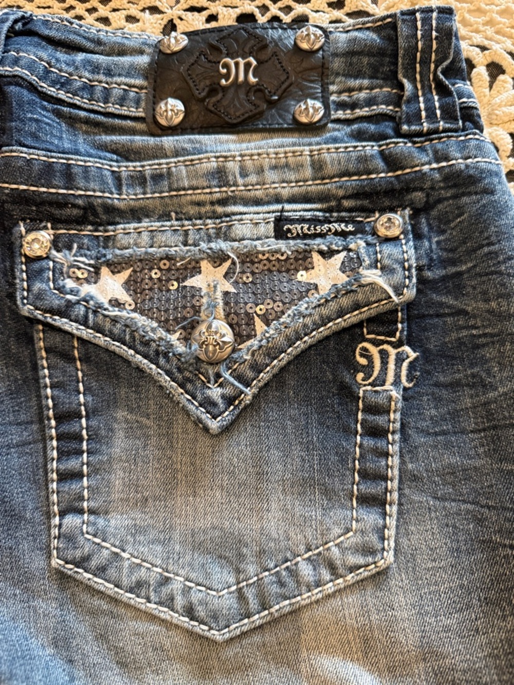 Miss Me Blue and Red Sequin American Flag Jean Shorts - Picture 3 of 5